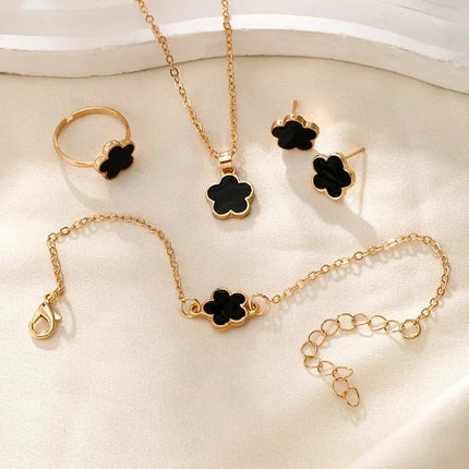 Floral Clover Lucky Necklace, Bracelet, Earrings, and Rings Set Black Jewelry Sets
