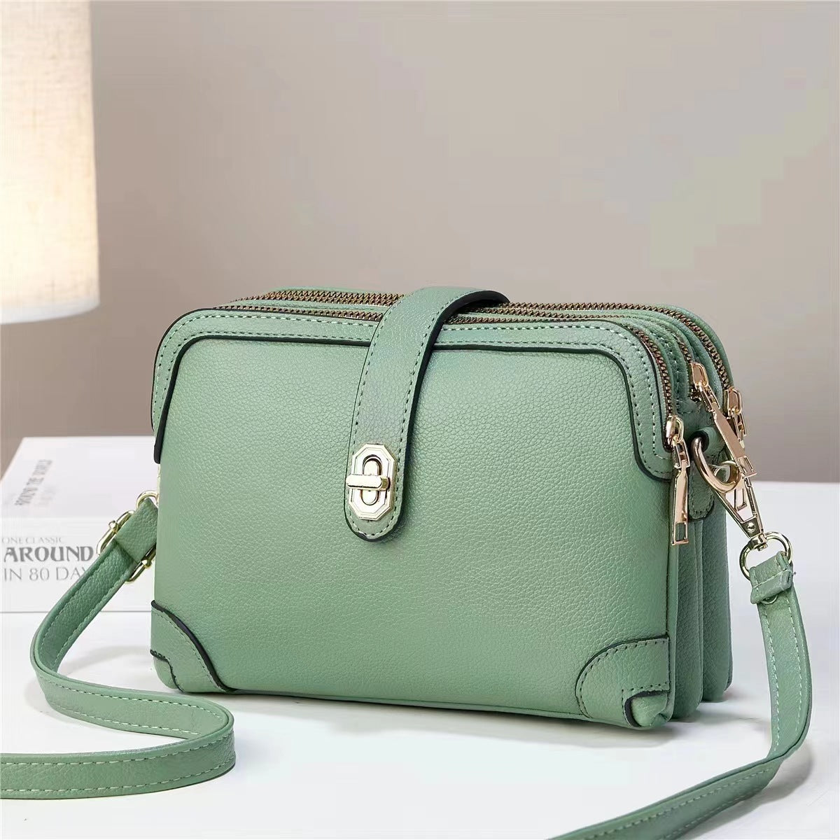 Elegant Multi-Layer Soft Leather Handbag Green Leather Bag