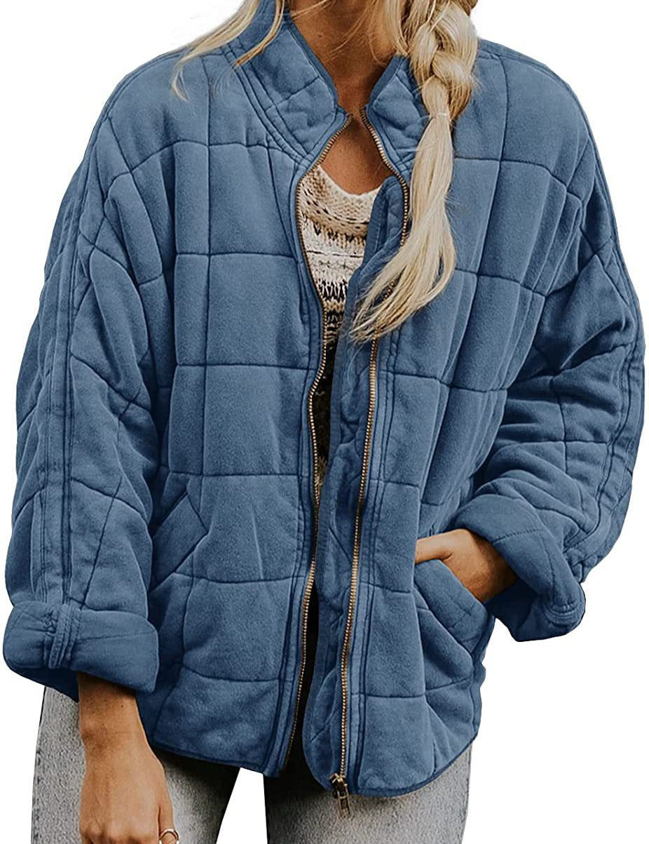 Plaid Stand-Collar Zip-Up Winter Coat for Women Grey blue Coat