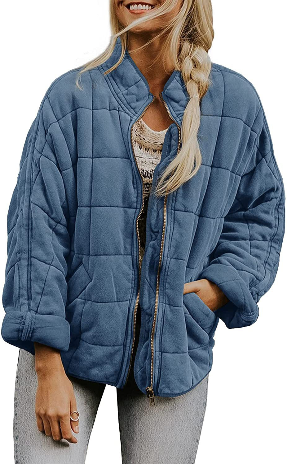 Plaid Stand-Collar Zip-Up Winter Coat for Women Grey blue Coat
