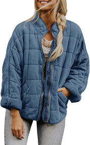 Plaid Stand-Collar Zip-Up Winter Coat for Women Grey blue Coat