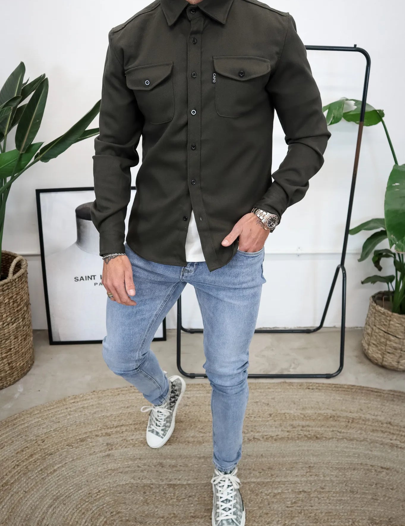 Men's Casual Button-Up Shirt Jacket with Front Pockets Army green Men Shirts