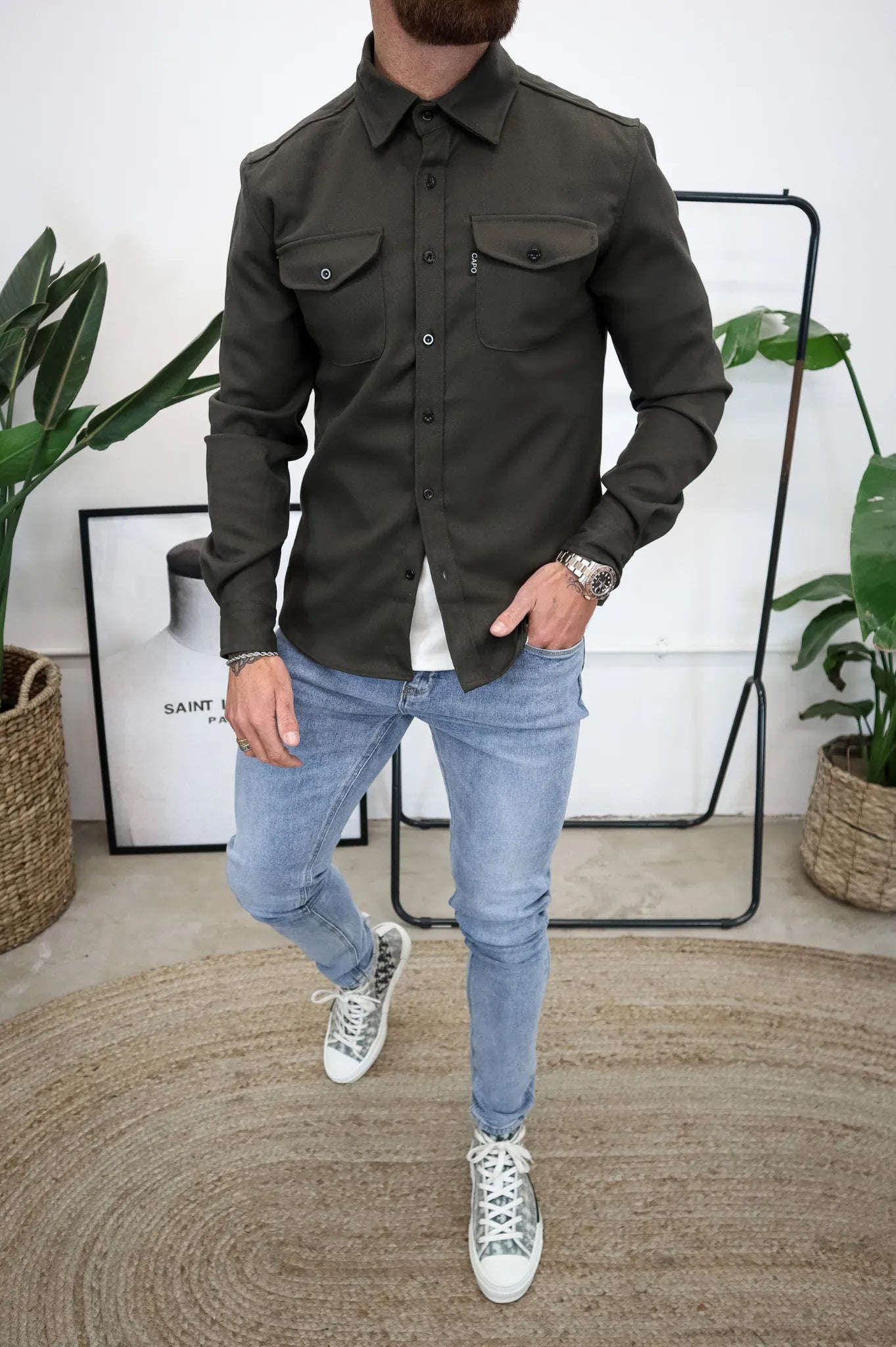 Men's Casual Button-Up Shirt Jacket with Front Pockets Army green Men Shirts
