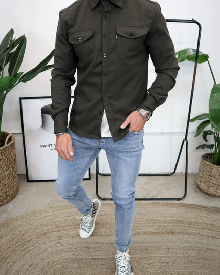 Men's Casual Button-Up Shirt Jacket with Front Pockets Army green Men Shirts