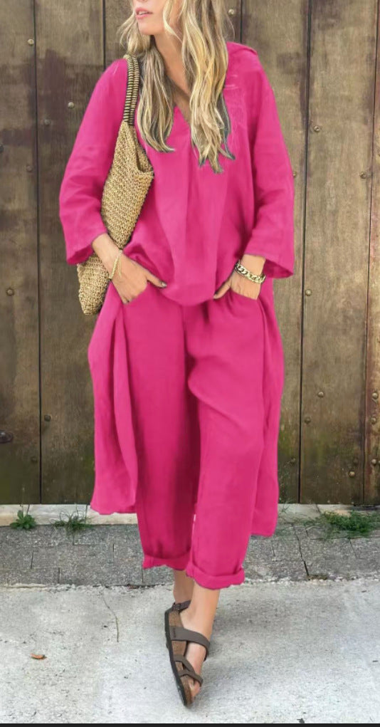 Women's 2-Piece V-Neck Long Sleeve Top & High-Waist Wide-Leg Pants Set with Pockets Purple set