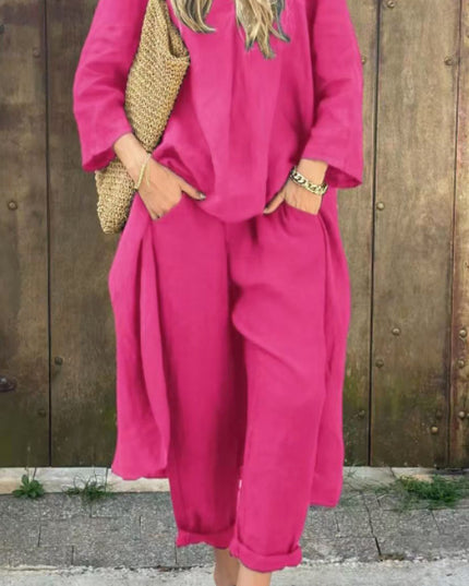Women's 2-Piece V-Neck Long Sleeve Top & High-Waist Wide-Leg Pants Set with Pockets Purple set
