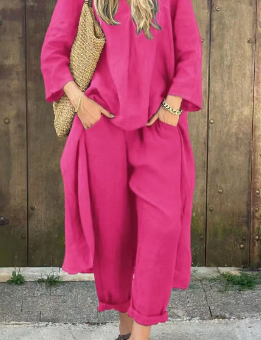 Women's 2-Piece V-Neck Long Sleeve Top & High-Waist Wide-Leg Pants Set with Pockets Purple set
