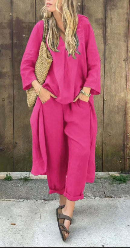 Women's 2-Piece V-Neck Long Sleeve Top & High-Waist Wide-Leg Pants Set with Pockets Purple set