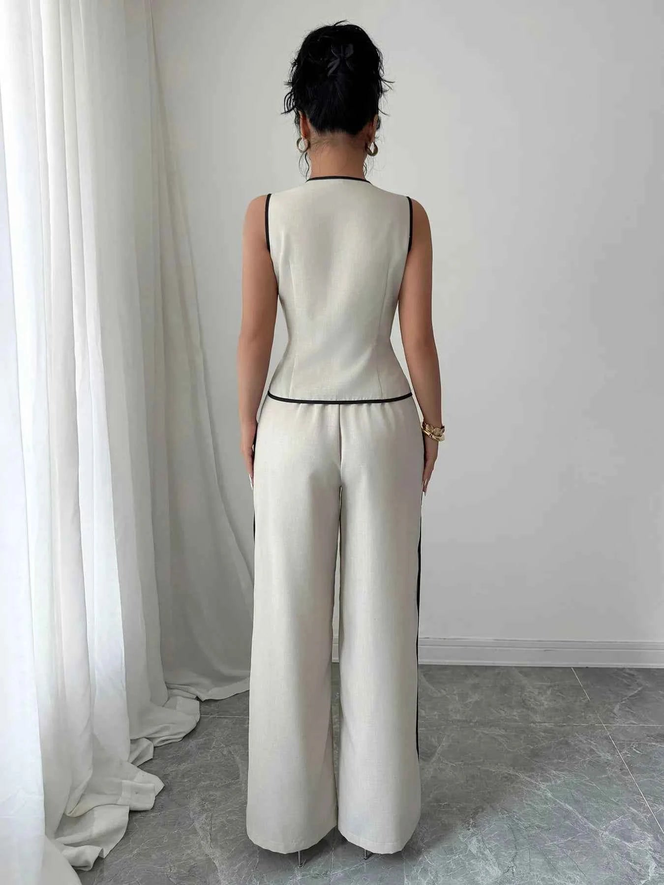 Contrast Piping Round Neck Top and Wide-Leg Pants Set