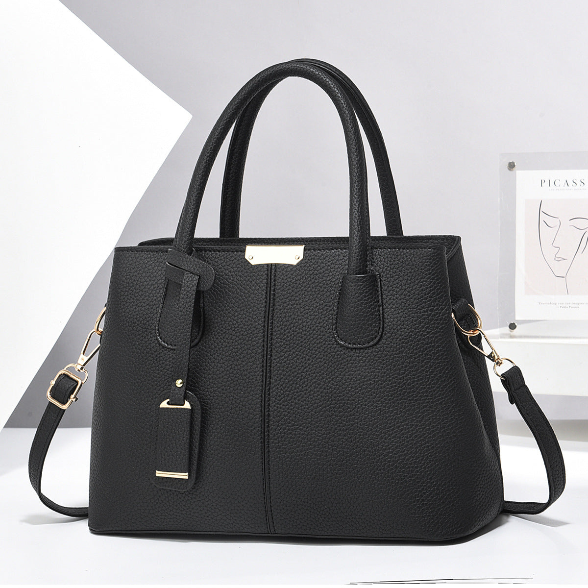 Women’s Large-Capacity PU Leather Tote & Crossbody Bag Black 30x21x13 Bag