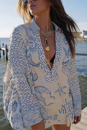 Flower Print Shirt Short Set Women Blue Outfit Sets