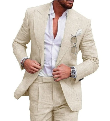 Men’s Linen Suit Slim Fit 2-Piece Set – Lightweight Blazer & Pants for Summer Beige Men's suit