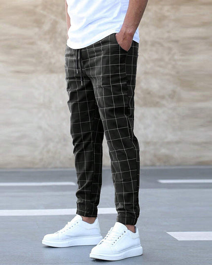Men's Plaid Drawstring Casual Trousers Black Trousers