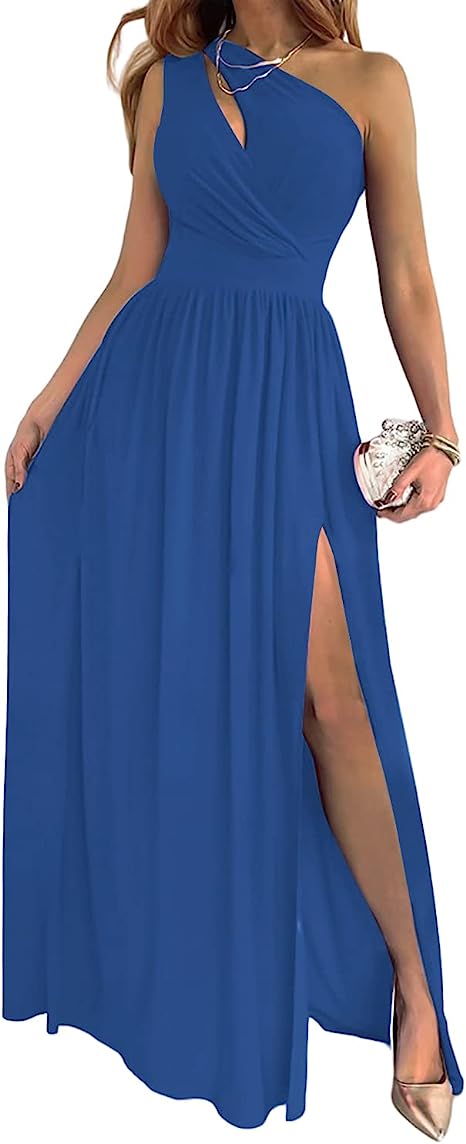 Women's One Shoulder High Split Cutout Sleeveless Elegant Sexy Cocktail Maxi Dress Dresses