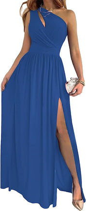 Women's One Shoulder High Split Cutout Sleeveless Elegant Sexy Cocktail Maxi Dress Dresses