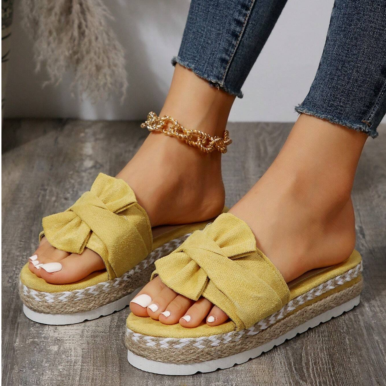 Coquette Bow Sandals – Chic Mid-Heel Office & Event Footwear Yellow Sandals