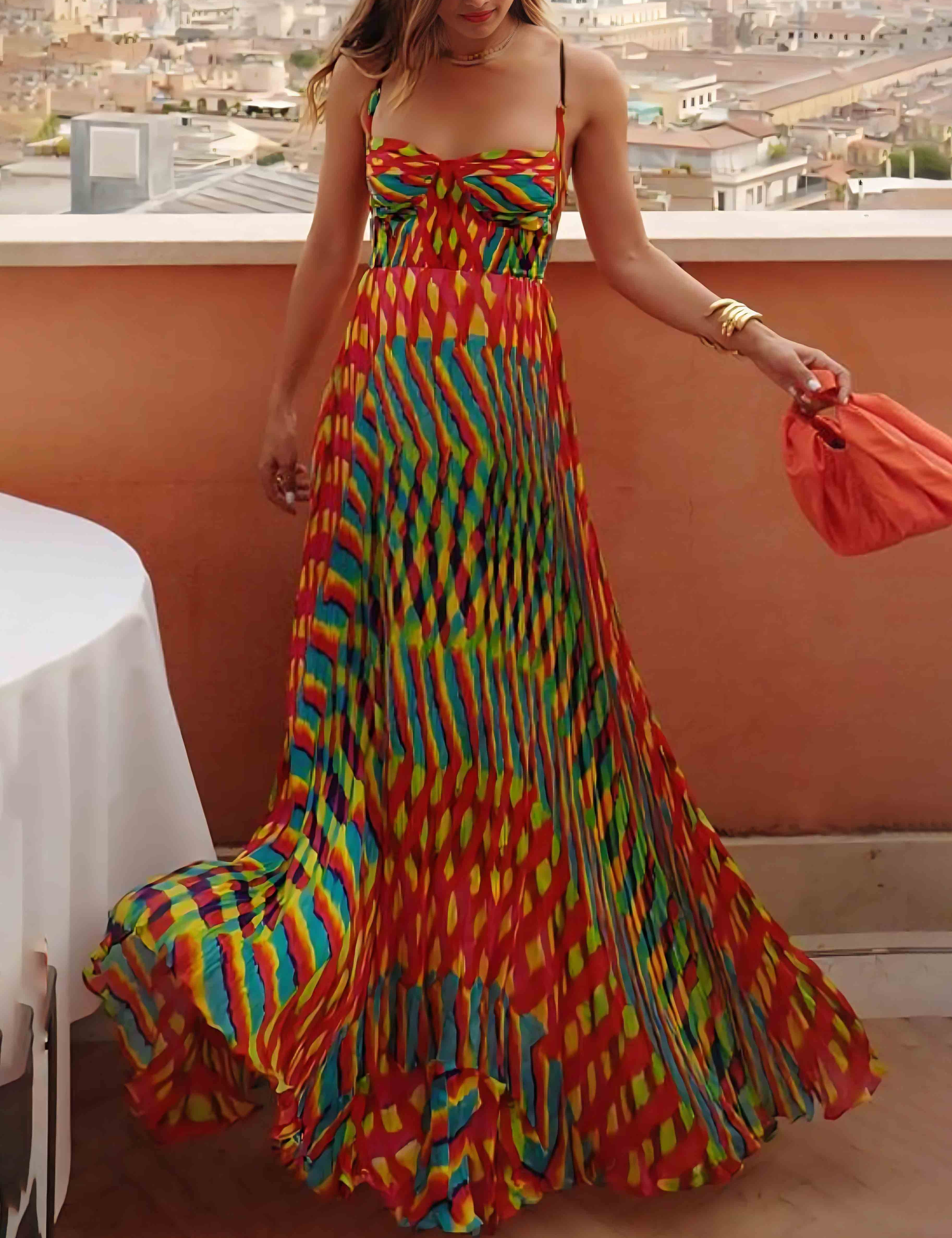 Elegant Personalized Painted Print A-Line Maxi Dress Multicolor Dresses