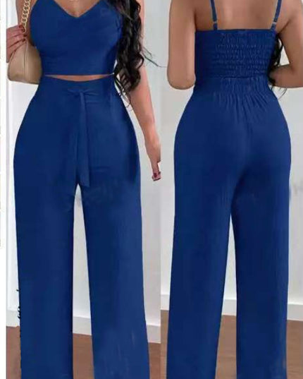 Women's Two-Piece Sleeveless V-Neck Vest & High-Waist Wide-Leg Pants Set Sapphire Blue Sets