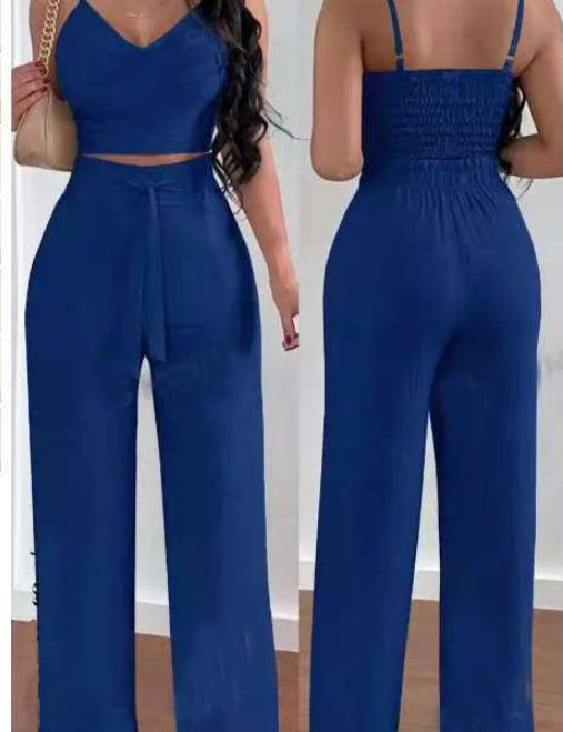 Women's Two-Piece Sleeveless V-Neck Vest & High-Waist Wide-Leg Pants Set Sapphire Blue Sets