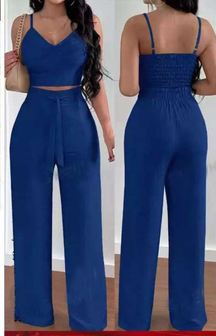 Women's Two-Piece Sleeveless V-Neck Vest & High-Waist Wide-Leg Pants Set Sapphire Blue Sets