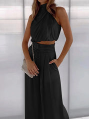 Satin One‑Shoulder Two‑Piece Set BLACK Women Set
