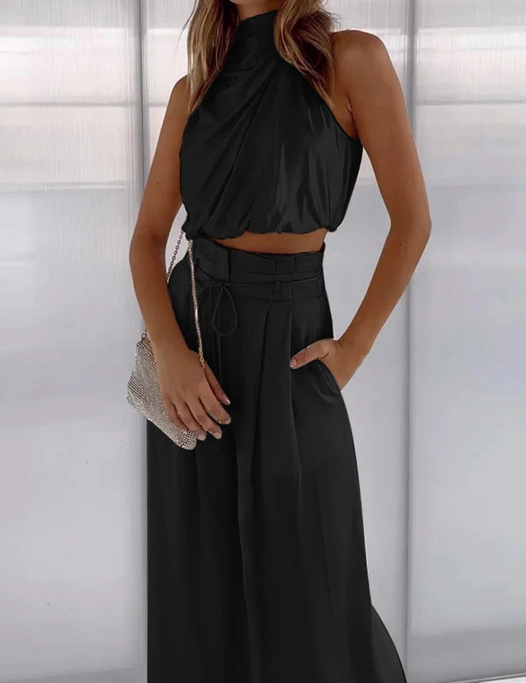 Satin One‑Shoulder Two‑Piece Set BLACK Women Set