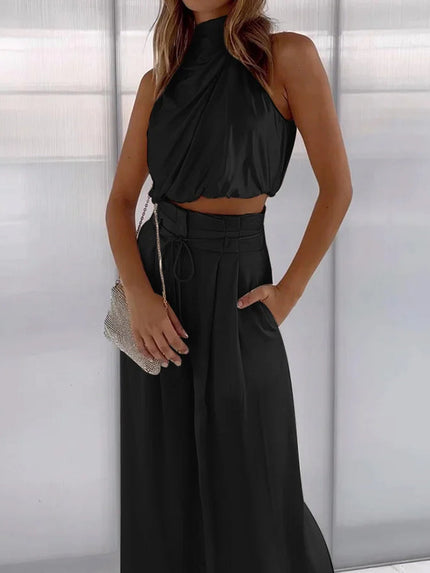 Satin One‑Shoulder Two‑Piece Set BLACK Women Set