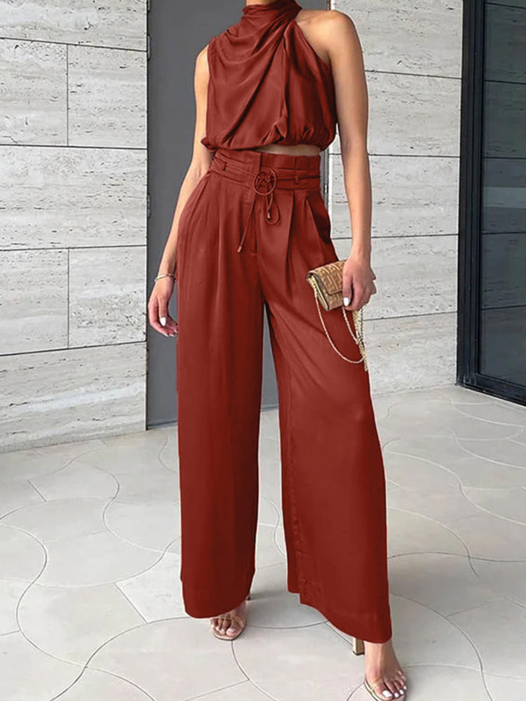 Satin One‑Shoulder Two‑Piece Set RED Women Set