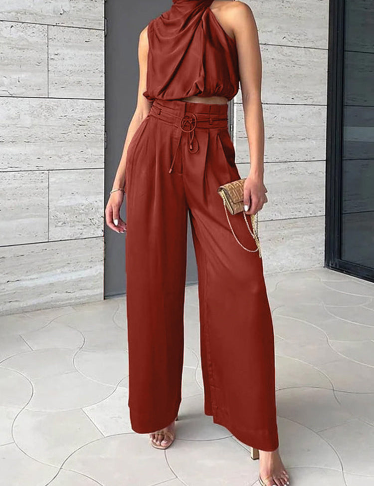 Satin One‑Shoulder Two‑Piece Set RED Women Set