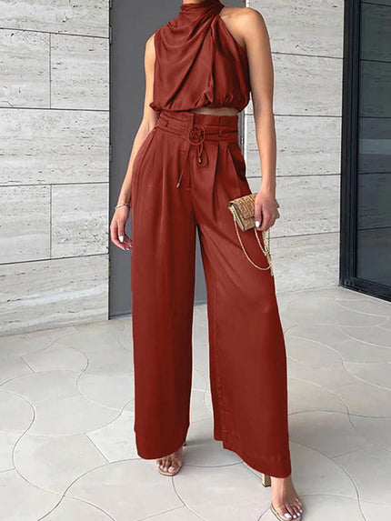 Satin One‑Shoulder Two‑Piece Set RED Women Set