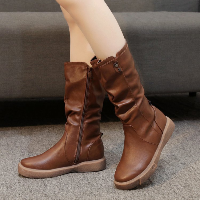 Waterproof Vegan Leather Winter Boots with Zipper Brown Boots