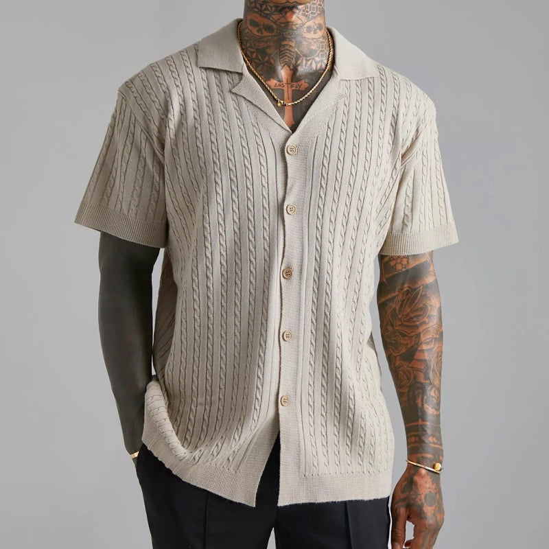 Trill | Men's Short-Sleeve Knitted Button-Up Shirt BEIGE