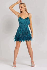 Nika | Sequin Fringe Feather Dress Blaugrün Dresses