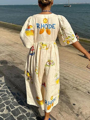 Folk Floral Print Unique Holiday Puff Sleeve Midi Dress Dresses