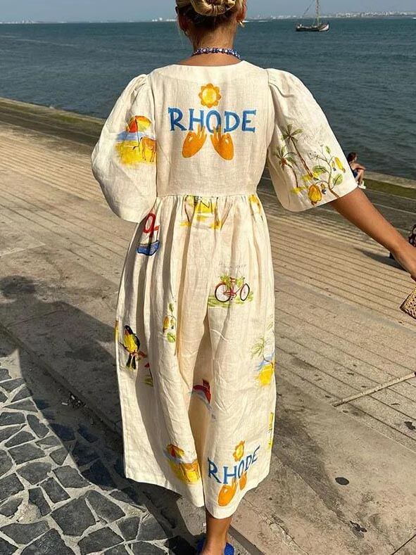 Folk Floral Print Unique Holiday Puff Sleeve Midi Dress Dresses