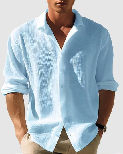 Men's Lapel Long Sleeve Shirt - Solid, Single Breasted for Fall & Spring Light Blue Men T-Shirts
