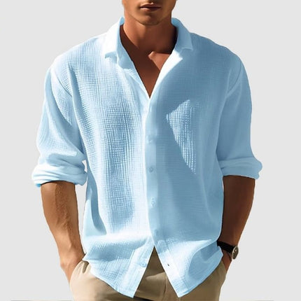 Men's Lapel Long Sleeve Shirt - Solid, Single Breasted for Fall & Spring Light Blue Men T-Shirts