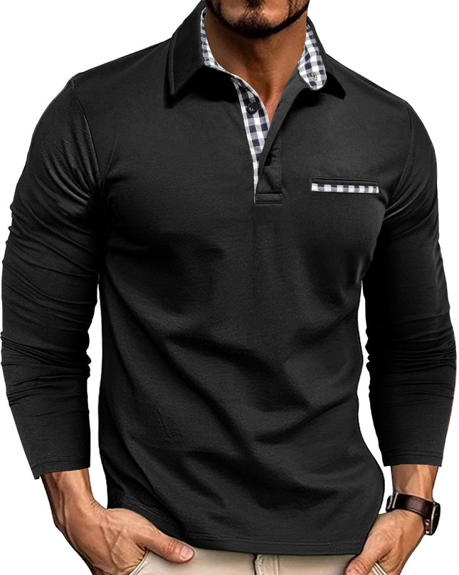 Casual Plaid Splicing Lapel Polo Shirt Fashion Solid Color Long Sleeve Top Men's Clothing Black