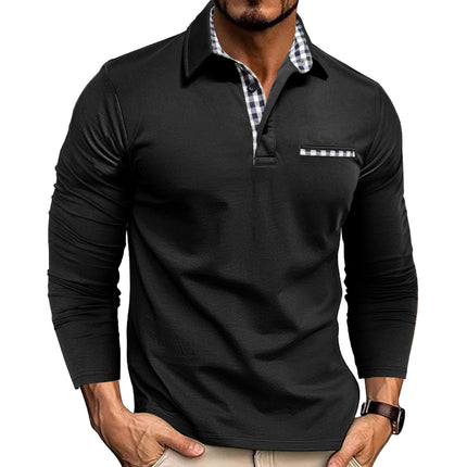 Casual Plaid Splicing Lapel Polo Shirt Fashion Solid Color Long Sleeve Top Men's Clothing Black