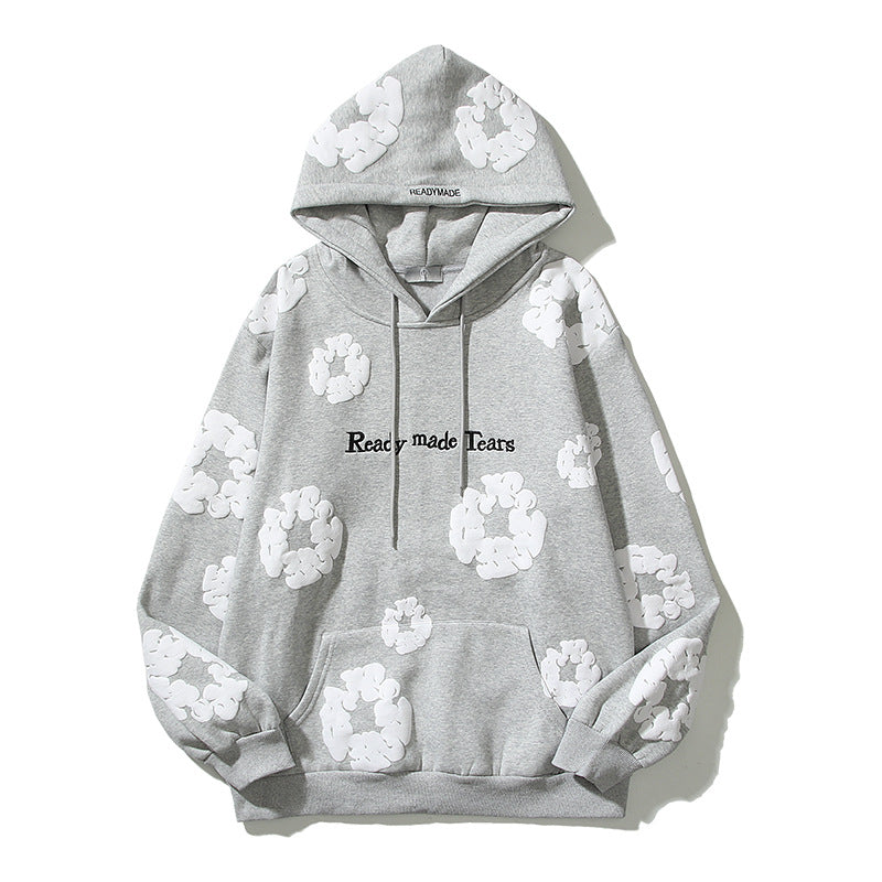 Pure Cotton Kapok Foam-Print Hoodie Sweater Grey Hoodie