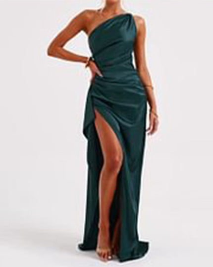 Elegant One-Shoulder Backless Satin Dress with High Slit Image color Dresses