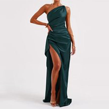 Elegant One-Shoulder Backless Satin Dress with High Slit Image color Dresses