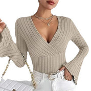 Women’s Ribbed Stripe V‑Neck Slim Fit Long-Sleeve Top Sweaters
