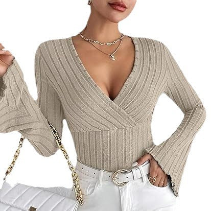 Women’s Ribbed Stripe V‑Neck Slim Fit Long-Sleeve Top Sweaters