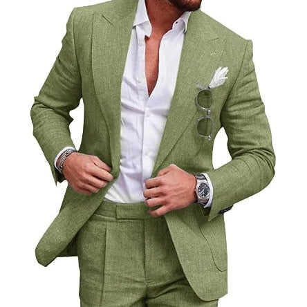 Men’s Linen Suit Slim Fit 2-Piece Set – Lightweight Blazer & Pants for Summer Pea green Men's suit