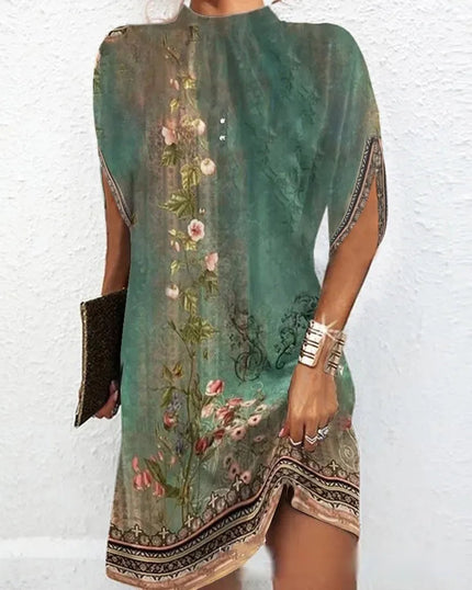 Kerstin™ Round Neck Batwing Sleeve Dress Green flowers Dress