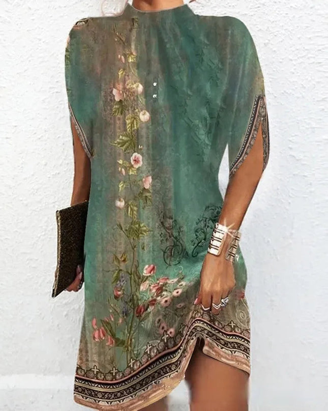 Kerstin™ | Dress with a round neckline and batwing sleeves Green flowers