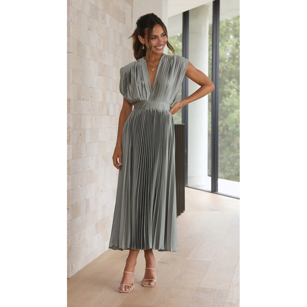 Summer V-Neck Pleated Sleeveless Dress Gray Dress