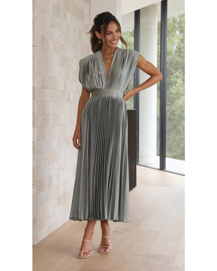 Summer V-Neck Pleated Sleeveless Dress – Casual Loose Fit with Zipper Closure Gray Dress