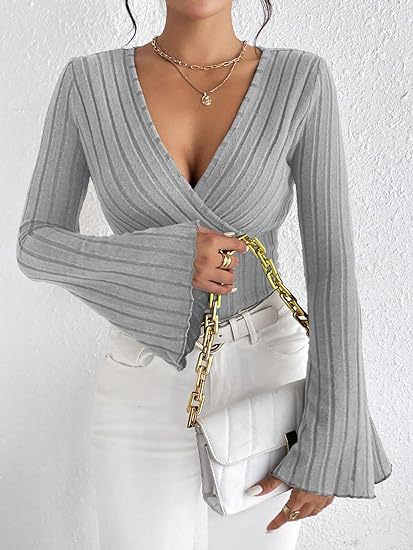 Women’s Ribbed Stripe V‑Neck Slim Fit Long-Sleeve Top Gray Sweaters
